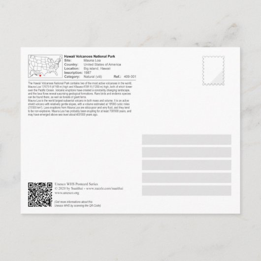 UNESCO - Hawaii Volcanoes NP - Mauna Loa Briefkaart (Achterkant)