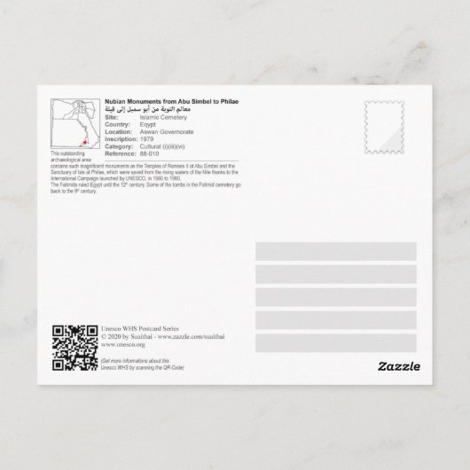 UNESCO - Nubian Monuments - Aswan Fatimid-begraafp Briefkaart (Achterkant)