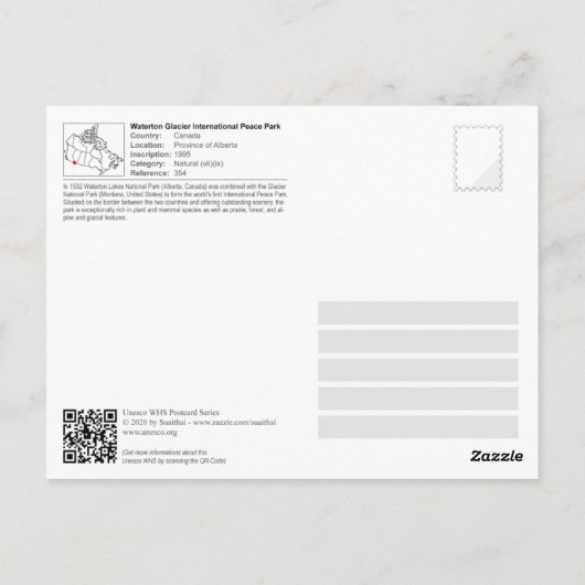UNESCO - Waterton Glacier International Peace Park Briefkaart (Achterkant)