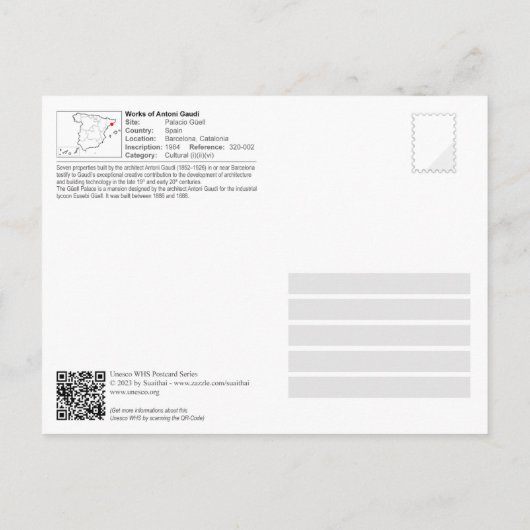 UNESCO WHS - Antoni Gaudí - Palacio Güell Briefkaart (Achterkant)