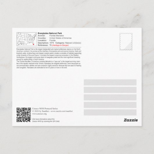 UNESCO WHS - Everglades National Park - Manatee Briefkaart (Achterkant)