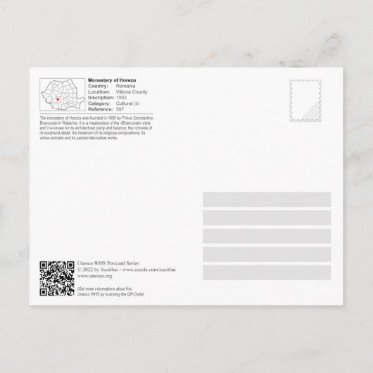 UNESCO WHS - Monastery of Horezu Briefkaart (Achterkant)