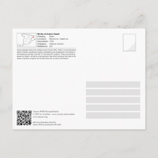 UNESCO WHS - Werken van Antoni Gaudi Briefkaart (Achterkant)