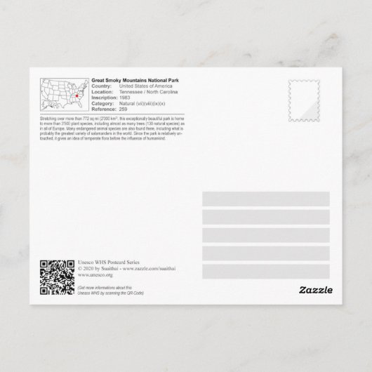 UNESCO WHV - Nationaal Park Grote Smoky Mountains Briefkaart (Achterkant)