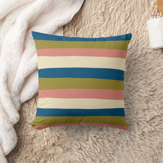 Uneven Stripes - Blauw, Olijfgroen, Roze en Cream Kussen (Deken)