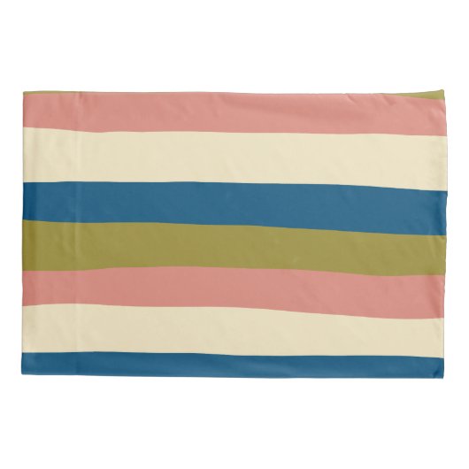 Uneven Stripes - Blauw, Olijfgroen, Roze en Cream Kussensloop (Achterkant-Links)