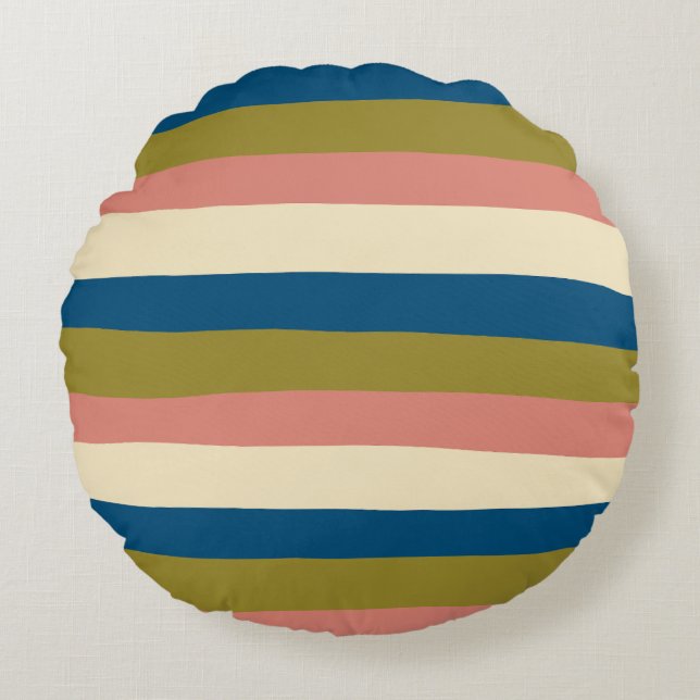 Uneven Stripes - Blauw, Olijfgroen, Roze en Cream Rond Kussen (Voorkant)