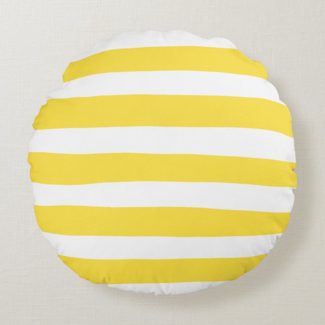 Uneven Stripes - Lemon Yellow en White Rond Kussen (Voorkant)