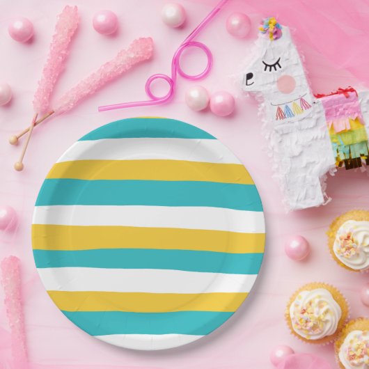 Uneven Stripes - Turquoise en Yellow Papieren Bordje (Feest)