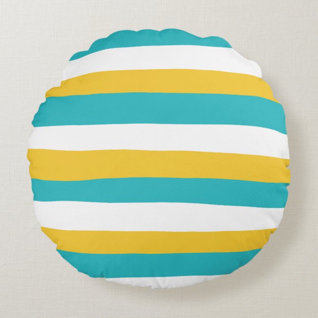 Uneven Stripes - Turquoise en Yellow Rond Kussen (Voorkant)