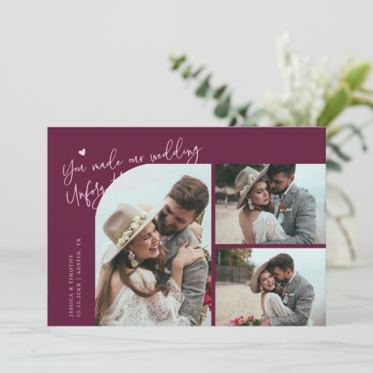 Unforgettable Wedding Cranberry Multi Photo Bedankkaart (Staand voorkant)