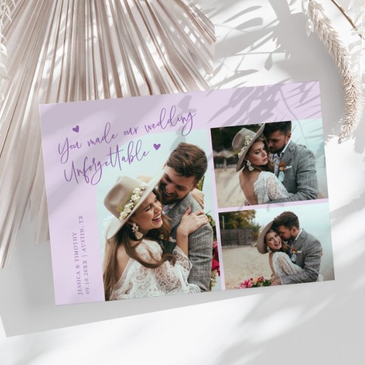 Unforgettable Wedding Lilac Multi Photo Bedankkaart
