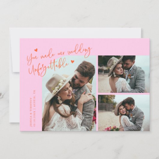 Unforgettable Wedding Orange Pink Multi Photo Bedankkaart (Voorkant)