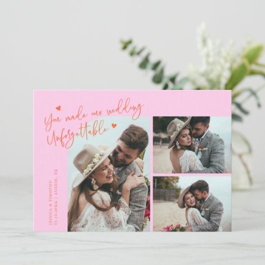 Unforgettable Wedding Orange Pink Multi Photo Bedankkaart (Staand voorkant)