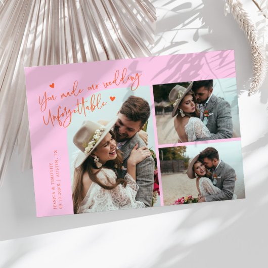 Unforgettable Wedding Orange Pink Multi Photo Bedankkaart