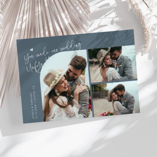 Unforgettable Wedding Slate Blue Multi Photo Bedankkaart