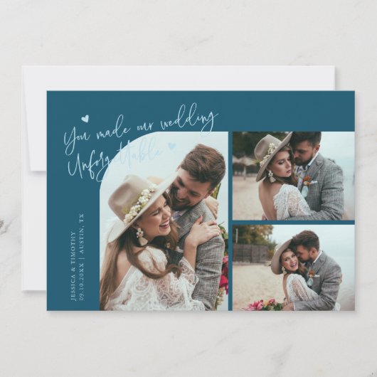 Unforgettable Wedding Teal Multi Photo Bedankkaart (Voorkant)