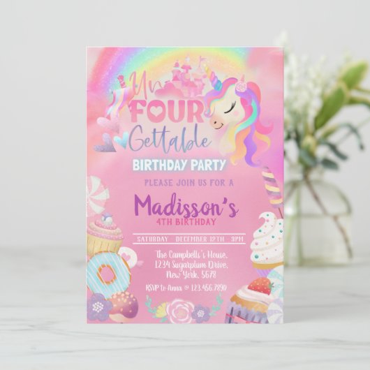 Unfourgettable Unicorn Donut Sweet 4th Birthday in Kaart (Staand voorkant)