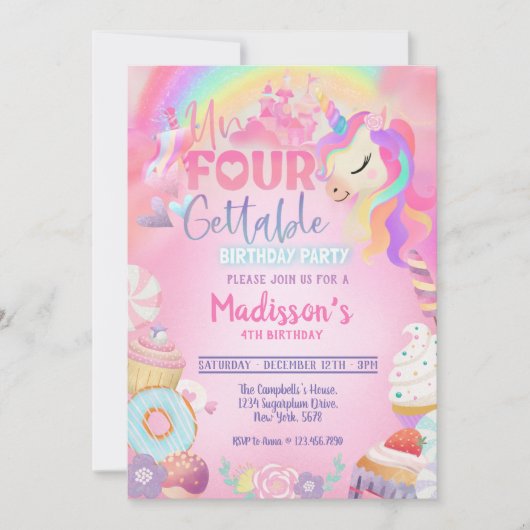 Unfourgettable Unicorn Donut Sweet 4th Birthday in Kaart (Voorkant)
