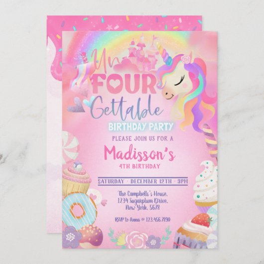 Unfourgettable Unicorn Donut Sweet 4th Birthday in Kaart (Voorkant / Achterkant)