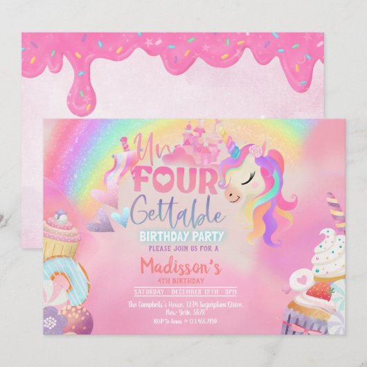 Unfourgettable Unicorn Donut Sweet 4th Birthday Kaart (Voorkant / Achterkant)
