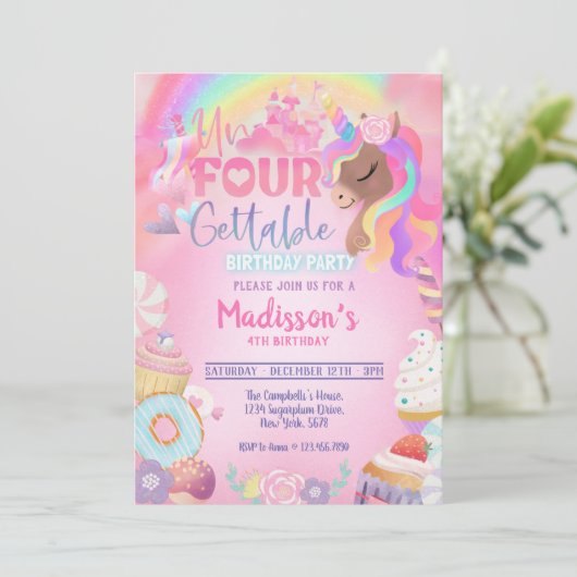 Unfourgettable Unicorn Sweet Girl 4e verjaardag Kaart (Staand voorkant)