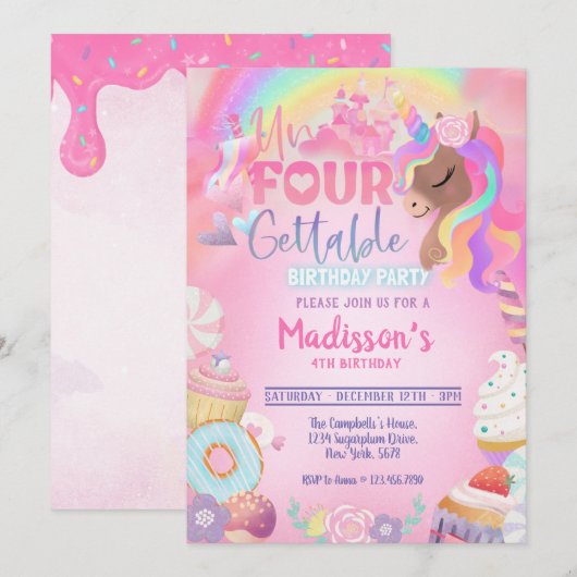 Unfourgettable Unicorn Sweet Girl 4e verjaardag Kaart (Voorkant / Achterkant)