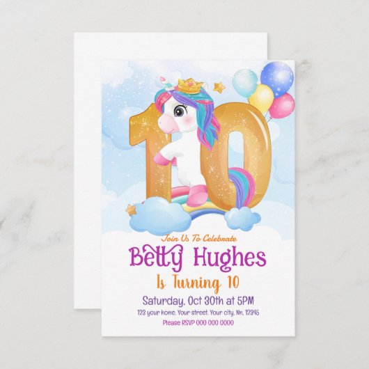 Unicorn 10th Birthday Invitation Kaart (Voorkant / Achterkant)