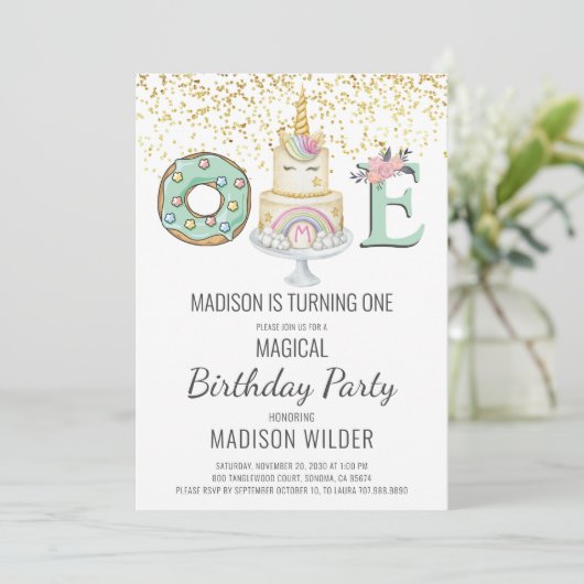 Unicorn 1e verjaardag Gold Aqua Pink White Kaart (Staand voorkant)