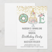 Unicorn 1e verjaardag Gold Aqua Pink White Kaart (Voorkant / Achterkant)