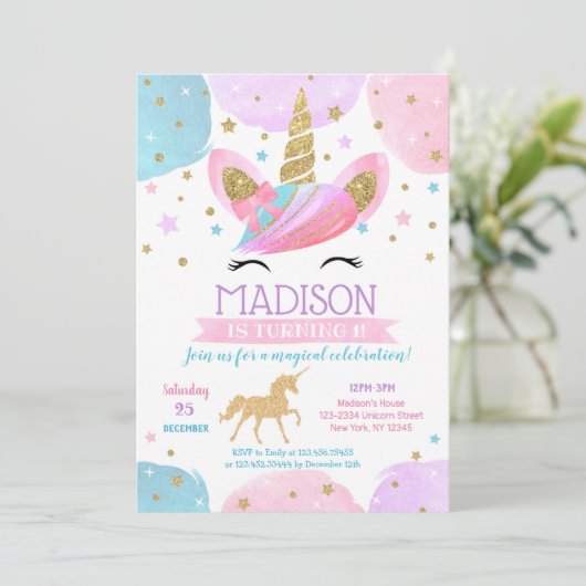 Unicorn 1e verjaardag kaart (Staand voorkant)