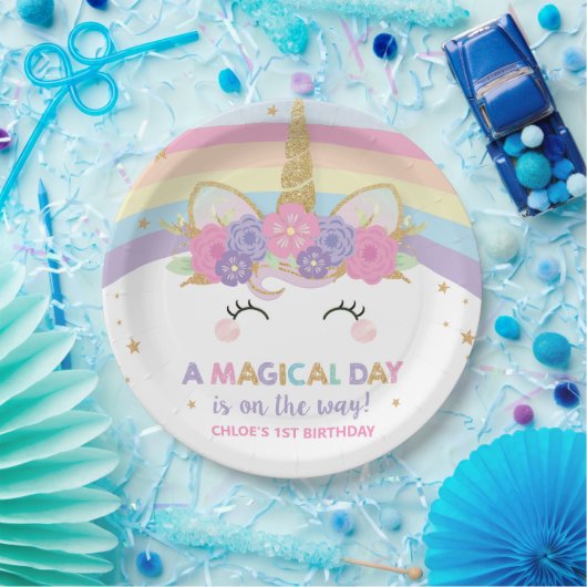 Unicorn 1e verjaardag Rainbow Cute Papieren Bordje (Feest)