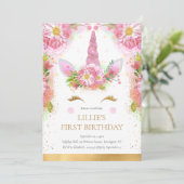 Unicorn 1e verjaardag Roze Glitter Uitnodiging (Staand voorkant)