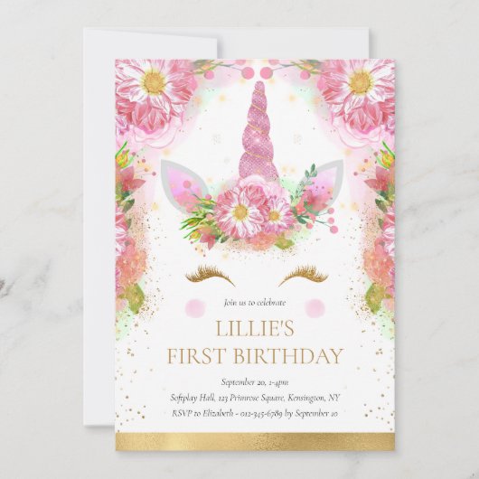 Unicorn 1e verjaardag Roze Glitter Uitnodiging (Voorkant)
