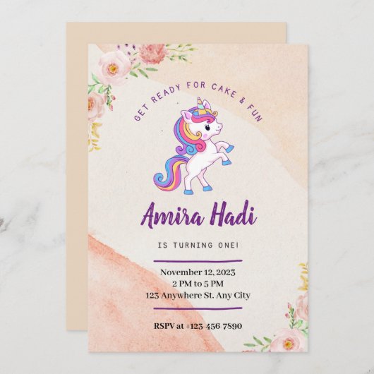 Unicorn 1e verjaardag Uitnodiging (Voorkant / Achterkant)