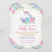 Unicorn 1e verjaardag Uitnodiging in roze en goud (Voorkant / Achterkant)