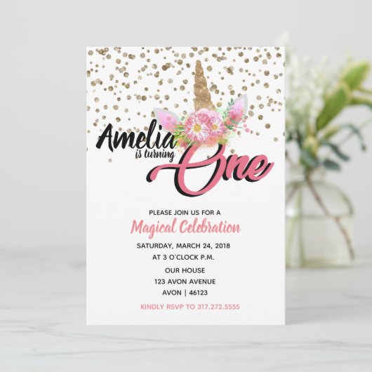 Unicorn 1e verjaardag Uitnodigingen (Staand voorkant)