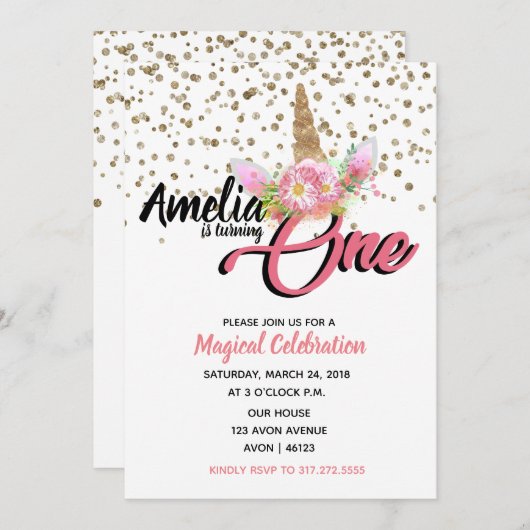 Unicorn 1e verjaardag Uitnodigingen (Voorkant / Achterkant)