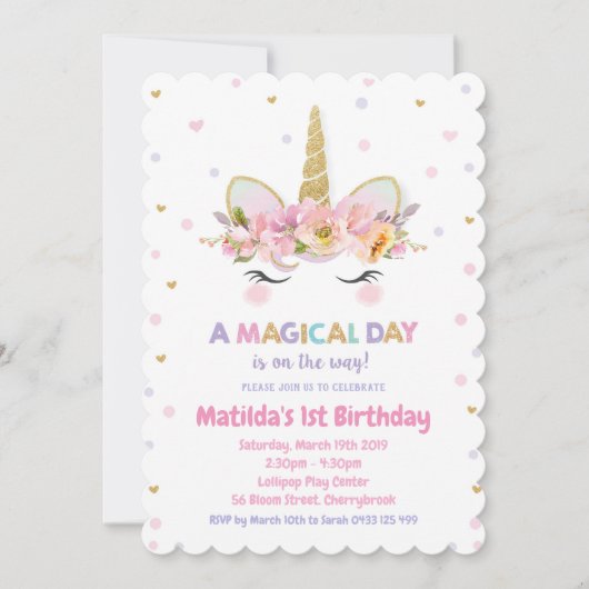Unicorn 1e verjaardag Uitnodigingen Meisjes (Voorkant)