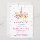 Unicorn 1e verjaardag Uitnodigingsmeisjes Glitter Kaart (Voorkant)