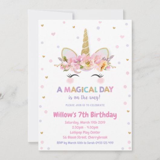 Unicorn 1e verjaardag Uitnodigingsmeisjes Glitter Kaart (Voorkant)