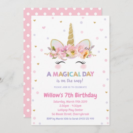 Unicorn 1e verjaardag Uitnodigingsmeisjes Glitter Kaart (Voorkant / Achterkant)