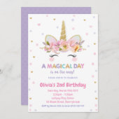 Unicorn 1e verjaardag Uitnodigingsmeisjes Glitter Kaart (Voorkant / Achterkant)