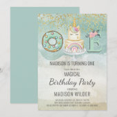 Unicorn 1st Birthday Aqua Pink Uitnodiging (Voorkant / Achterkant)