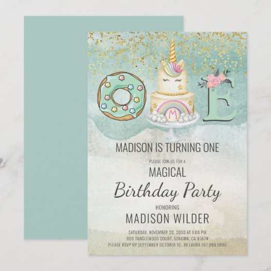 Unicorn 1st Birthday Aqua Pink Uitnodiging (Voorkant / Achterkant)