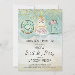 Unicorn 1st Birthday Aqua Pink Uitnodiging