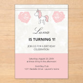 Unicorn 1st Birthday Cute Pink  Acryl Uitnodigingen (Voorkant)