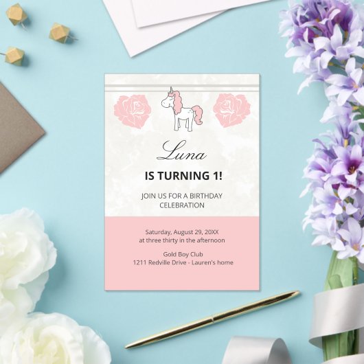 Unicorn 1st Birthday Cute Pink  Acryl Uitnodigingen (Insitu (Huwelijk))