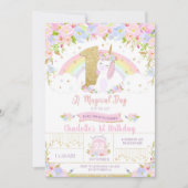 Unicorn 1st Birthday Invitation Floral Rainbow Kaart (Voorkant)