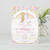 Unicorn 1st Birthday Invitation Floral Rainbow Kaart (Staand voorkant)